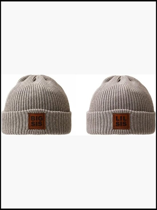 Matching Sister Knit Beanies Set Big Sis Lil Sis Leather  display picture 3